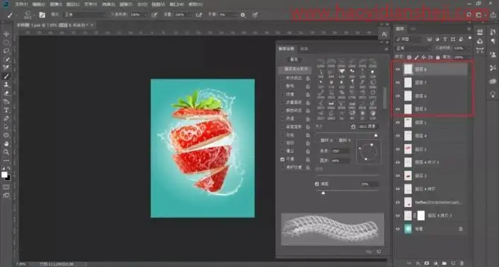 切割效果，制作水花四溅的草莓切块效果照片_www.haoyidiansheji.com