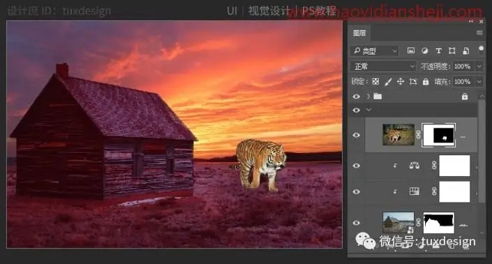 场景合成，利用图层蒙版色彩调整轻松合成虎啸平原场景图_www.haoyidiansheji.com