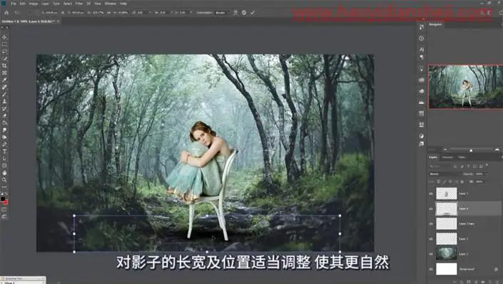 梦幻合成，合成女孩静坐在飘满落叶的树林里的唯美画面_www.haoyidiansheji.com