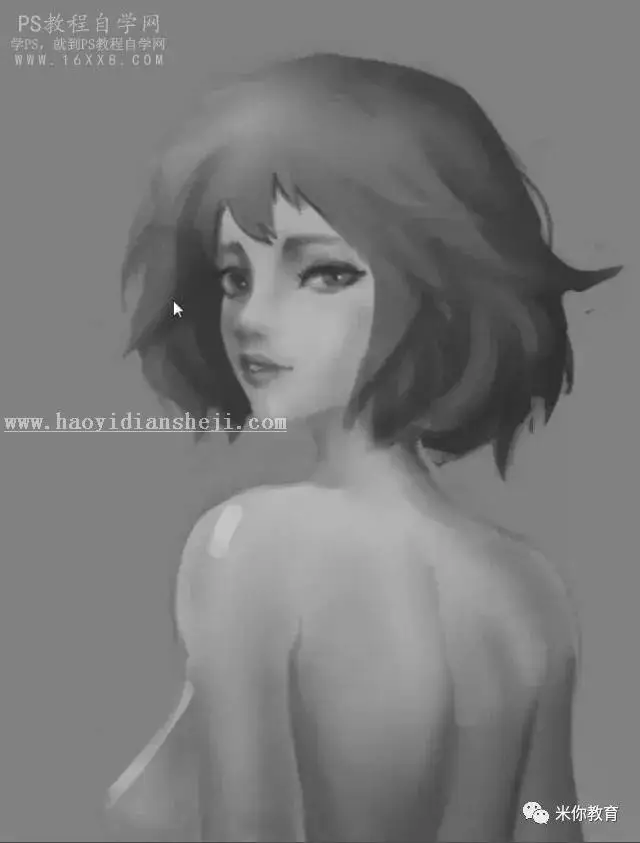 手绘教程，手绘美女头像游戏原画_www.haoyidiansheji.com