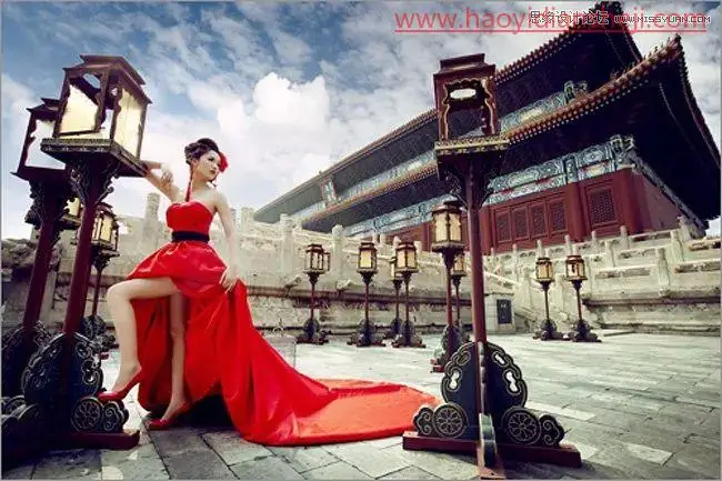 换背景，通过PS给古建筑背景下的人像添加蓝天白云_www.haoyidiansheji.com
