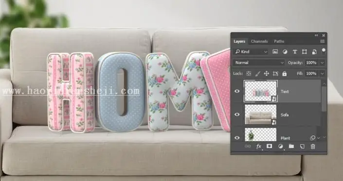 3D功能，通过PS的3D功能制作沙发上的靠枕_www.haoyidiansheji.com