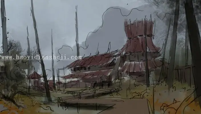 场景插画，绘制破旧沼泽建筑场景插画_www.haoyidiansheji.com