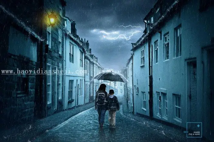场景合成，合成走在阴冷雨夜小巷街头效果_www.haoyidiansheji.com
