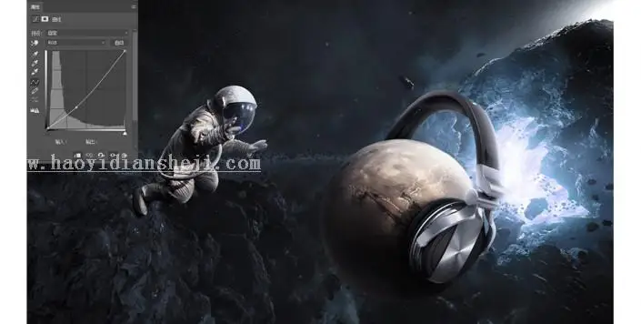 场景合成，用PS合成一个给星球带上耳机的创意场景_www.haoyidiansheji.com