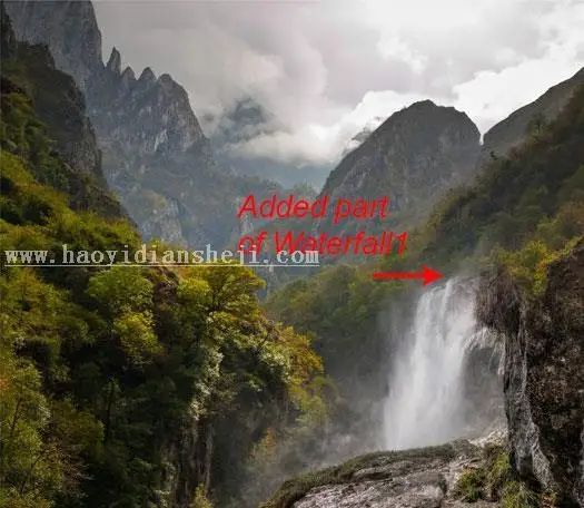 场景合成，合成一张深山瀑布风景照片_www.haoyidiansheji.com