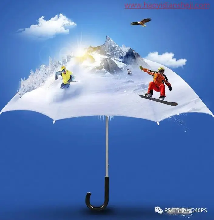 创意合成，合成雨伞上的冬季滑雪运动场景_www.haoyidiansheji.com