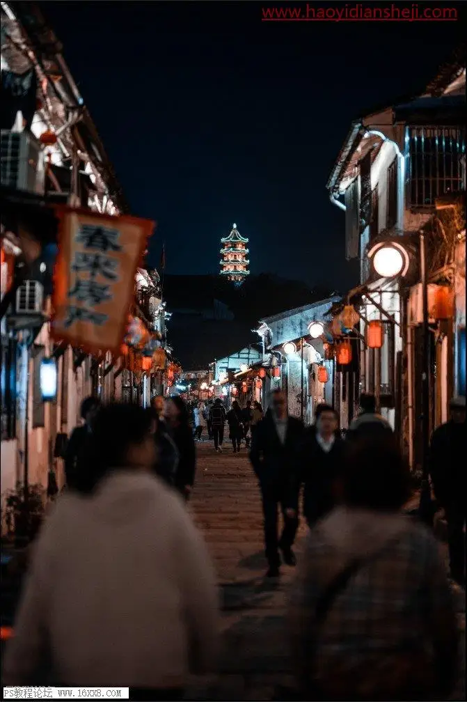 夜景效果，用PS给旅游拍摄的古城老街修出冷色调的照片_www.haoyidiansheji.com