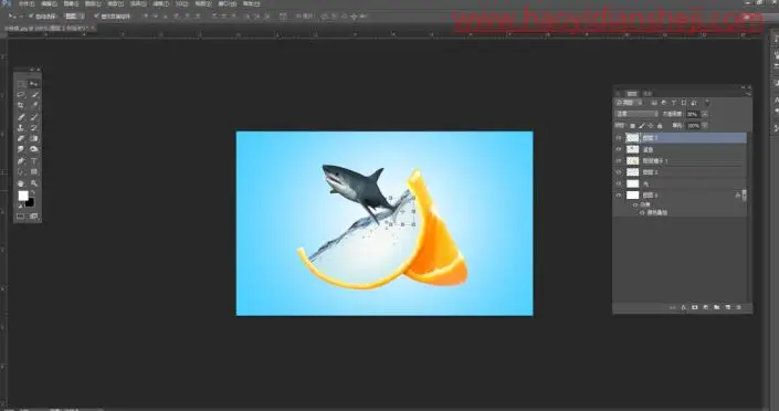 创意合成，制作鲨鱼在橙子“海洋”里游泳的创意画面_www.haoyidiansheji.com