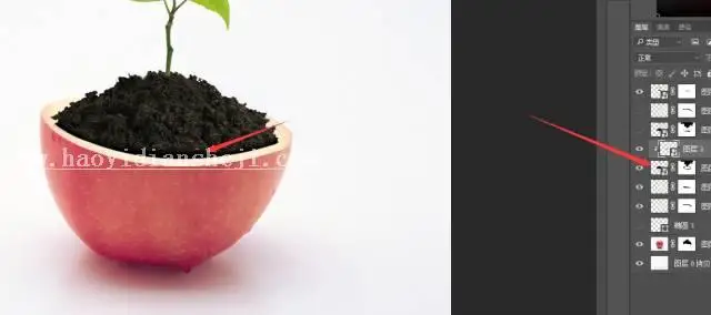 场景合成，通过PS合成一张苹果里面种苹果树的趣味照片_www.haoyidiansheji.com