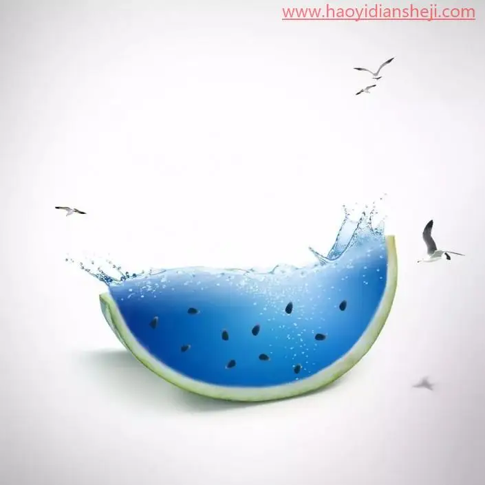 创意合成，创意一款清爽的蓝色海洋感觉的西瓜照片_www.haoyidiansheji.com