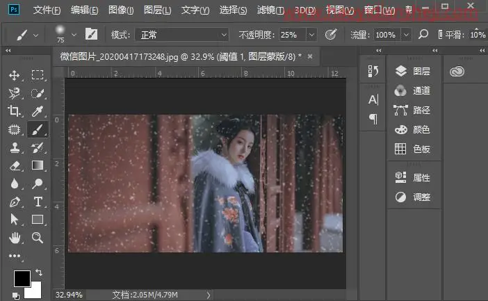 雪景效果，给古装人像照片添加一种唯美的下雪效果_www.haoyidiansheji.com