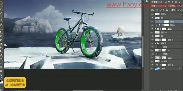 场景合成，合成在北极的自行车海报_www.haoyidiansheji.com