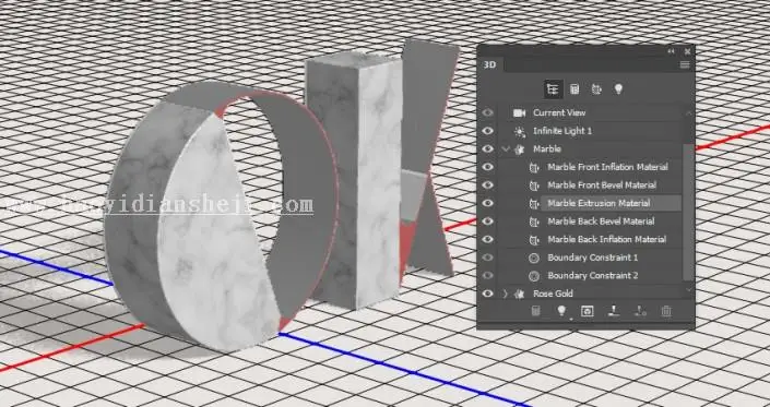 3D功能，通过PS中的3D功能设计大理石玫瑰材质的文字_www.haoyidiansheji.com