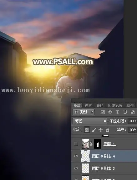 夕阳效果，通过PS给街拍女孩添加夕阳美景效果_www.haoyidiansheji.com