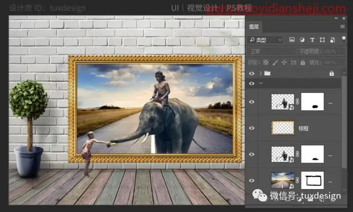 创意合成，制作一张大象从壁画中走向现实的场景_www.haoyidiansheji.com