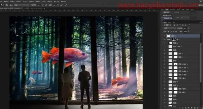 奇幻合成，制作一张超现实的森林里观鱼的场景_www.haoyidiansheji.com