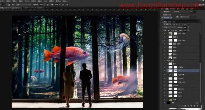 奇幻合成，制作一张超现实的森林里观鱼的场景_www.haoyidiansheji.com
