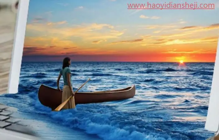 出屏效果，制作逼真的海水和海滩从电脑屏幕溢出的3D画面_www.haoyidiansheji.com