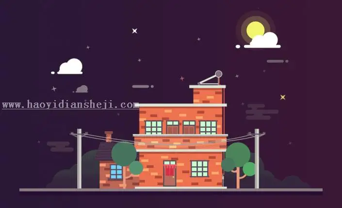插画制作，用PS制作一副扁平化得夜景房屋插画_www.haoyidiansheji.com
