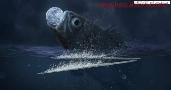 场景合成，在PS中合成一幅大鱼吞月的超现实场景_www.haoyidiansheji.com