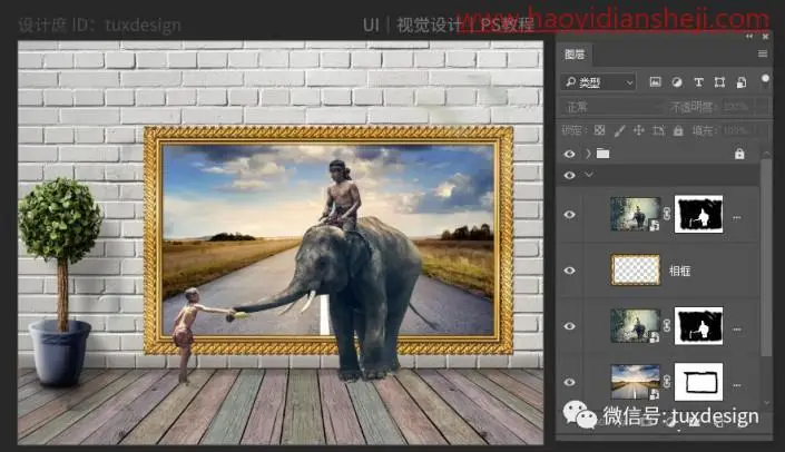 创意合成，制作一张大象从壁画中走向现实的场景_www.haoyidiansheji.com