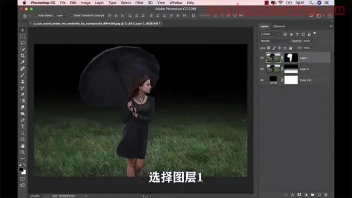 唯美合成，合成在唯美星空下漫步打伞女孩_www.haoyidiansheji.com
