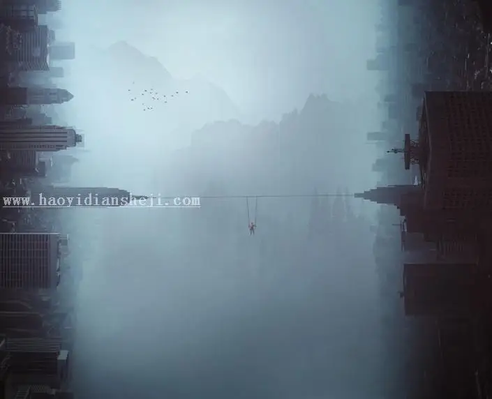 创意合成，合成在城市间荡秋千的超现实场景_www.haoyidiansheji.com