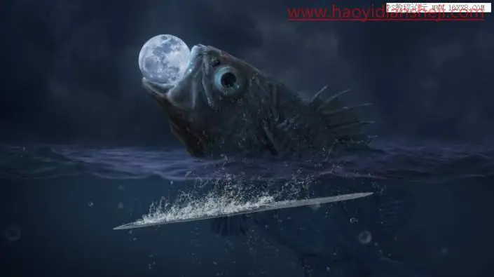 场景合成，在PS中合成一幅大鱼吞月的超现实场景_www.haoyidiansheji.com