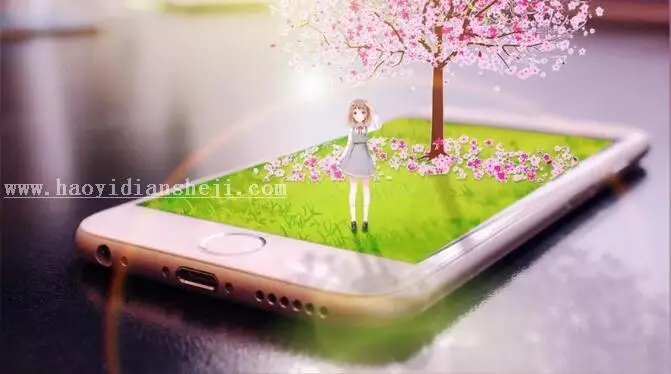 场景合成，用PS合成一个立体的站在手机上的女孩场景_www.haoyidiansheji.com