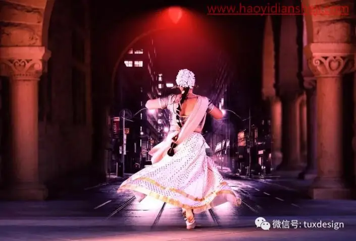 场景合成，通过PS制作一幅在街道翩翩起舞的女性舞者_www.haoyidiansheji.com