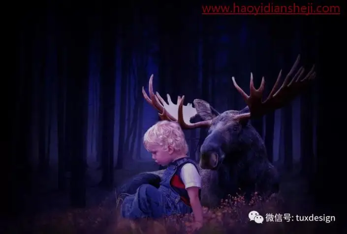 场景合成，制作森林里面的小男孩和小鹿_www.haoyidiansheji.com