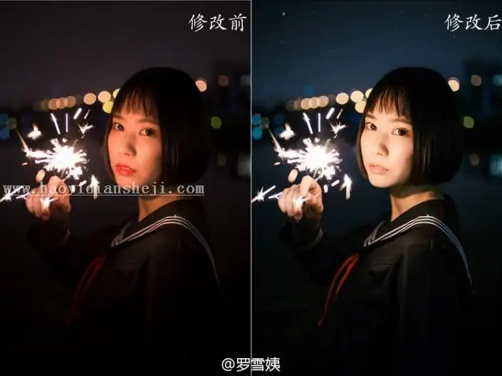 夜景调色，调拿着烟花的少女夜景照片实例_www.haoyidiansheji.com