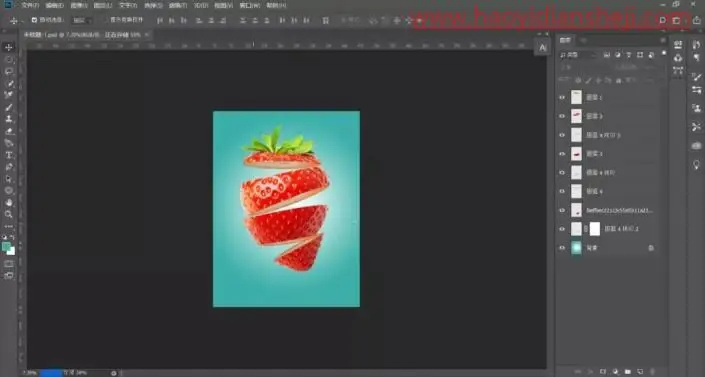 切割效果，制作水花四溅的草莓切块效果照片_www.haoyidiansheji.com