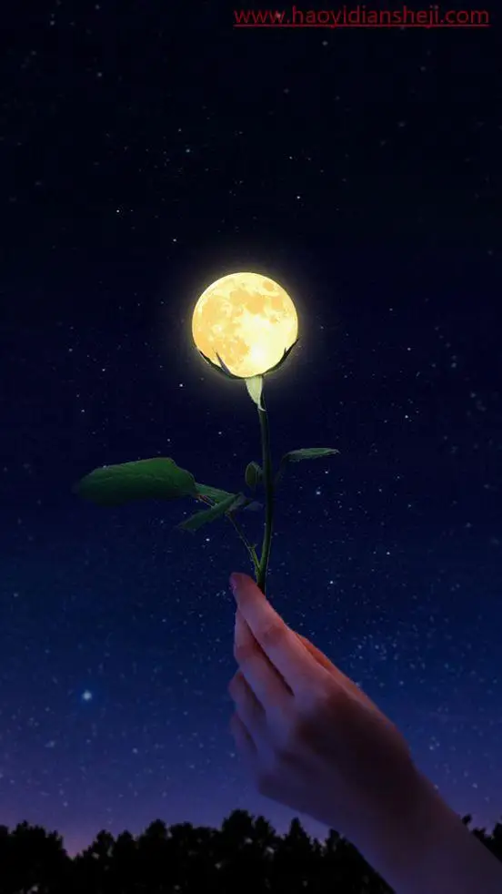 创意合成，合成一朵梦幻极具创意的玫瑰花月亮照片_www.haoyidiansheji.com