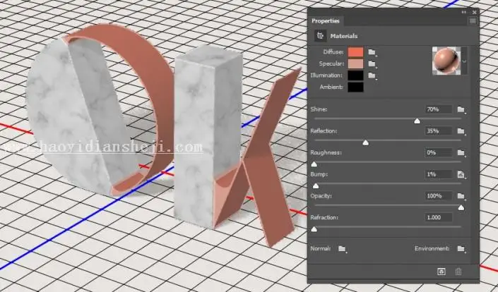 3D功能，通过PS中的3D功能设计大理石玫瑰材质的文字_www.haoyidiansheji.com