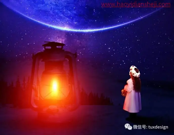 照片合成，制作冬夜里小女孩身边的一盏明灯的梦幻场景_www.haoyidiansheji.com