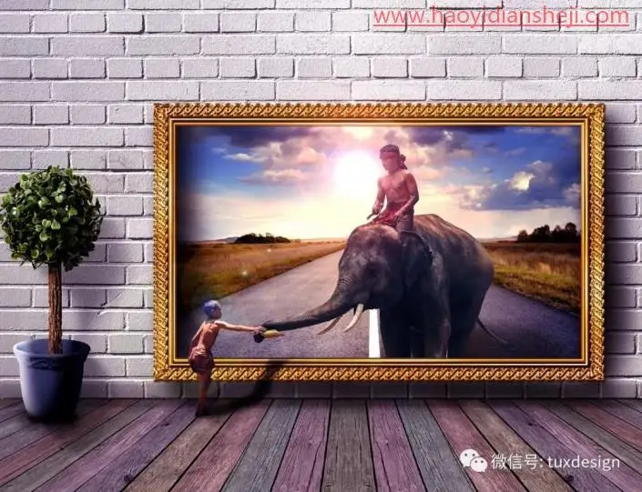 创意合成，制作一张大象从壁画中走向现实的场景_www.haoyidiansheji.com