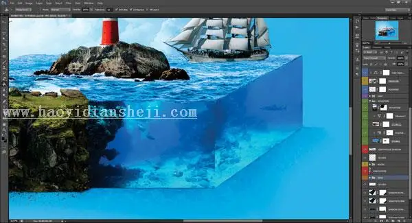 场景合成，在ps中合成一个微缩水族馆_www.haoyidiansheji.com