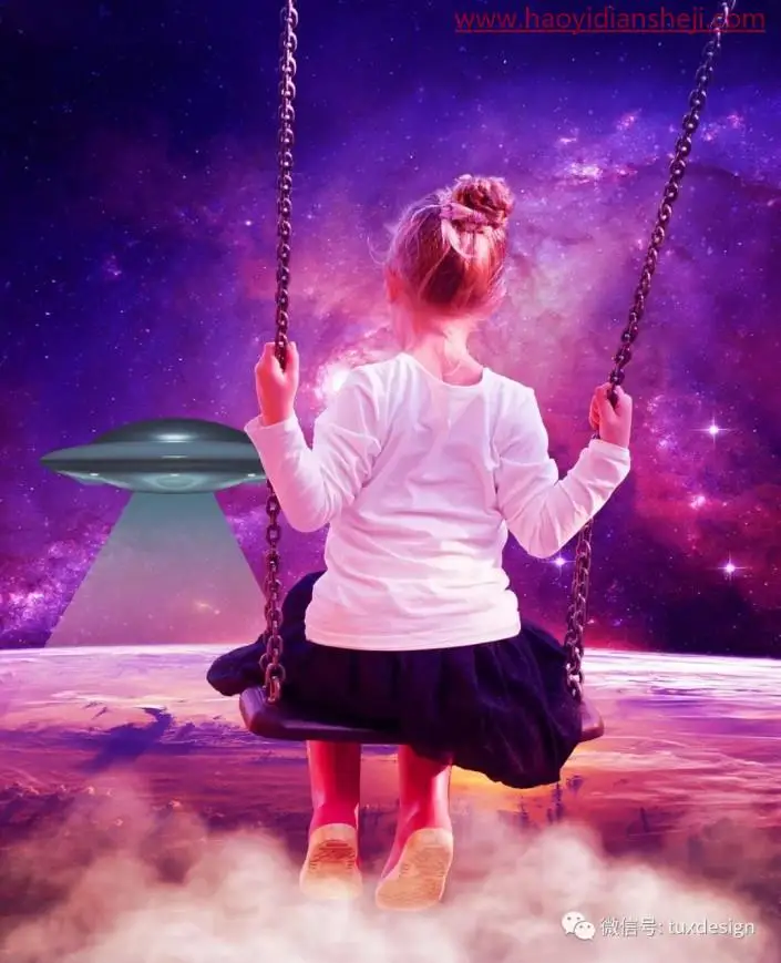场景合成，通过PS合成星空中荡秋千的小女孩_www.haoyidiansheji.com