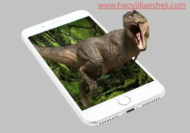 出屏效果，绘制霸王龙冲出手机屏幕效果_www.haoyidiansheji.com