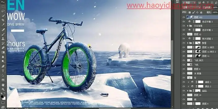场景合成，合成在北极的自行车海报_www.haoyidiansheji.com