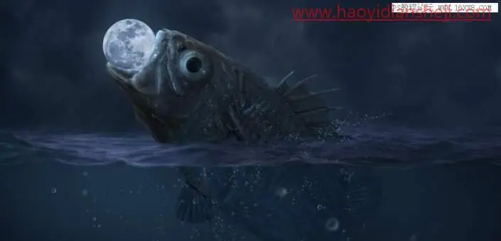 场景合成，在PS中合成一幅大鱼吞月的超现实场景_www.haoyidiansheji.com