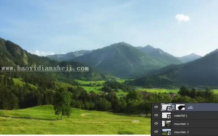 场景合成，合成一张深山瀑布风景照片_www.haoyidiansheji.com