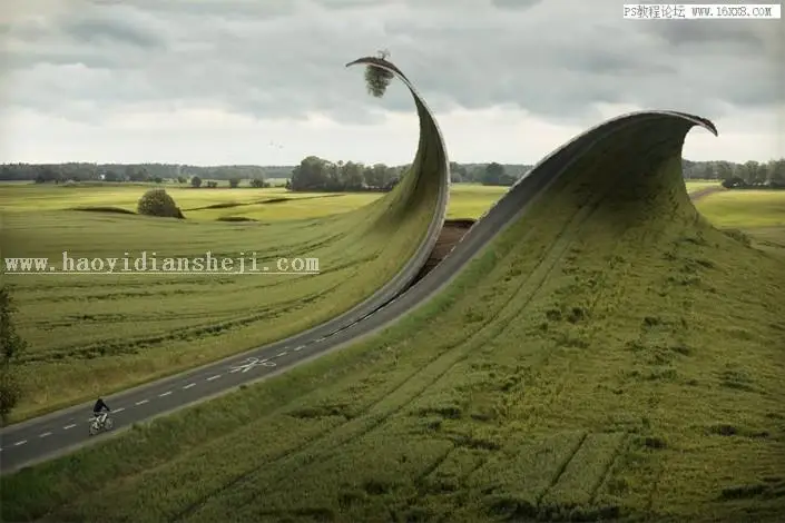 照片合成，用PS合成一条被剪刀剪开的公路场景_www.haoyidiansheji.com