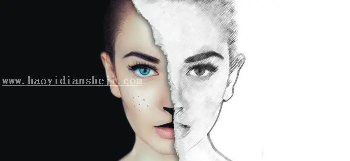 素材描效果，半素描豹女郎效果_www.haoyidiansheji.com