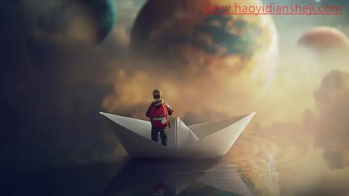 奇幻合成，在PS中合成一个男孩坐在纸船上漂流的奇幻场景_www.haoyidiansheji.com