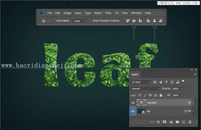 立体字，用PS制作绿叶构成的3D立体字_www.haoyidiansheji.com