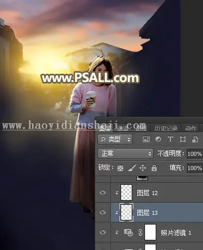 夕阳效果，通过PS给街拍女孩添加夕阳美景效果_www.haoyidiansheji.com