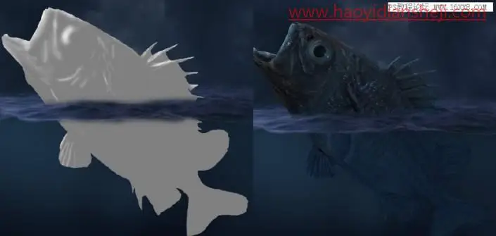 场景合成，在PS中合成一幅大鱼吞月的超现实场景_www.haoyidiansheji.com